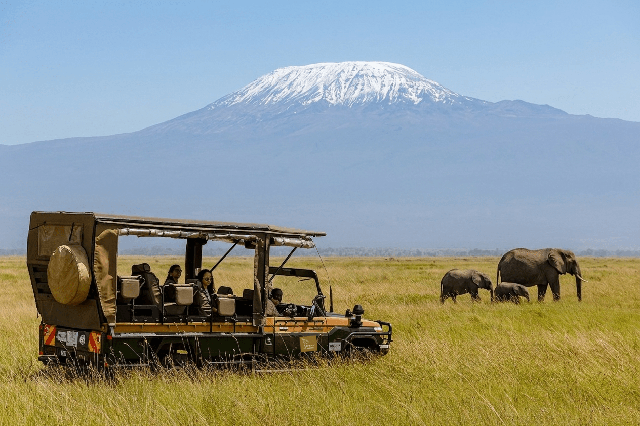Open-top safari jeep with passengers on a grassy plain; elephants nearby; snow‑capped mountain in the distance. - Soroi Collection - Soroi Collection